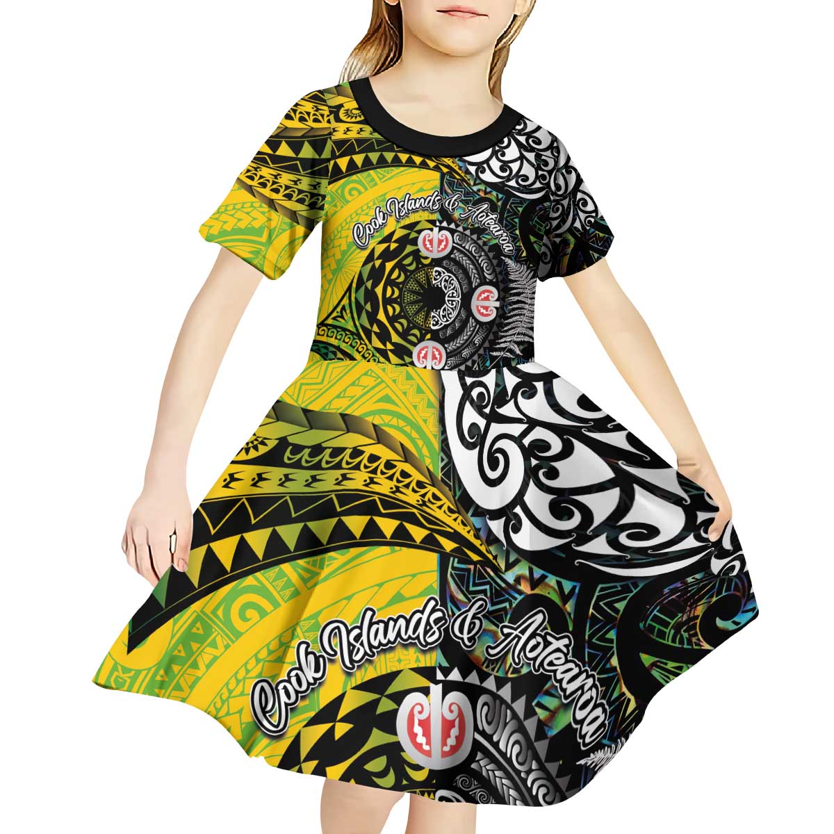 New Zealand and Cook Islands Together Kid Short Sleeve Dress Tatau Art Tribal Pattern-Maori Tattoo with Fern and Paua Shell LT03 - Polynesian Pride