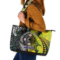 New Zealand and Cook Islands Together Leather Tote Bag Tatau Art Tribal Pattern-Maori Tattoo with Fern and Paua Shell LT03 Art - Polynesian Pride