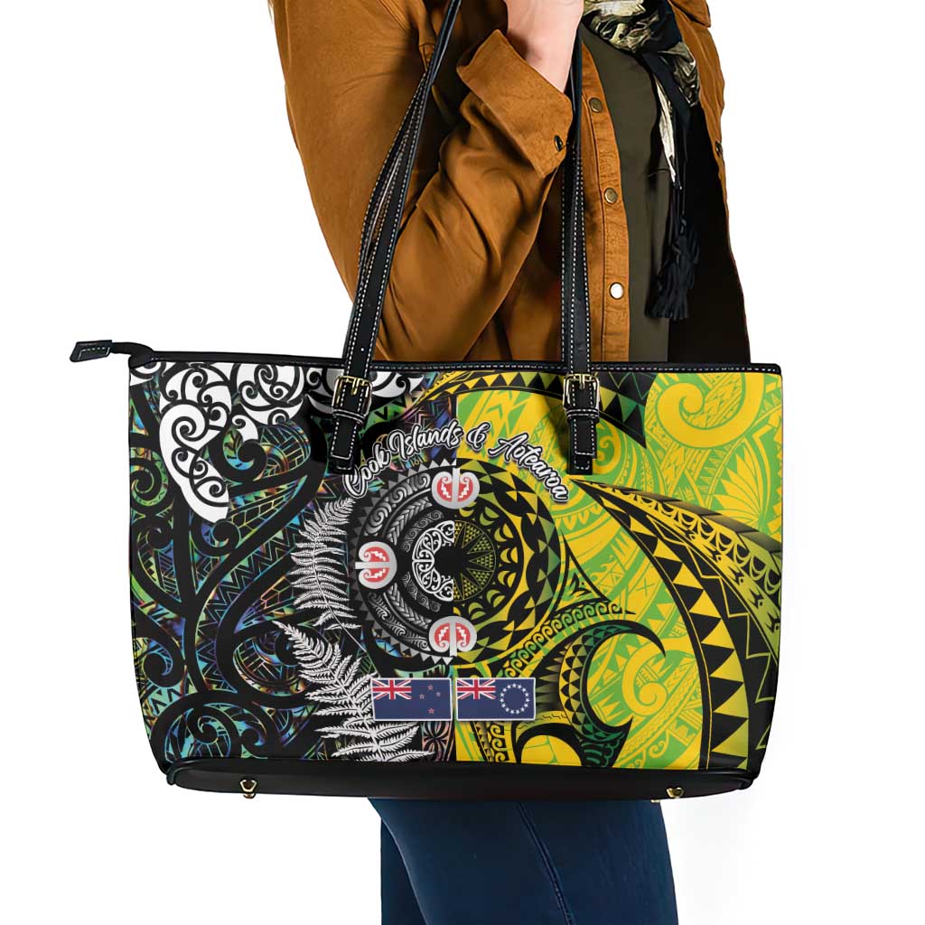 New Zealand and Cook Islands Together Leather Tote Bag Tatau Art Tribal Pattern-Maori Tattoo with Fern and Paua Shell LT03 - Polynesian Pride
