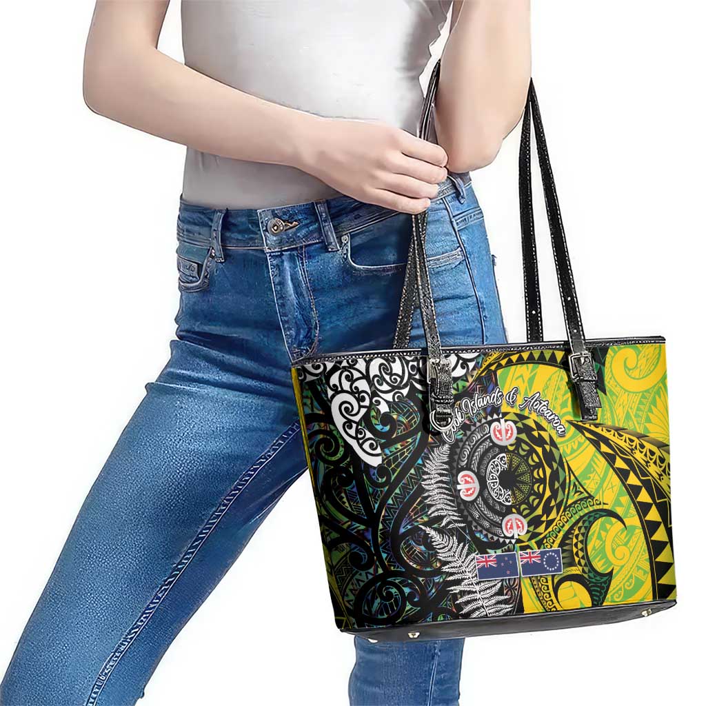 New Zealand and Cook Islands Together Leather Tote Bag Tatau Art Tribal Pattern-Maori Tattoo with Fern and Paua Shell LT03 - Polynesian Pride