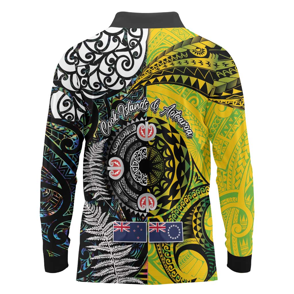 New Zealand and Cook Islands Together Long Sleeve Polo Shirt Tatau Art Tribal Pattern-Maori Tattoo with Fern and Paua Shell