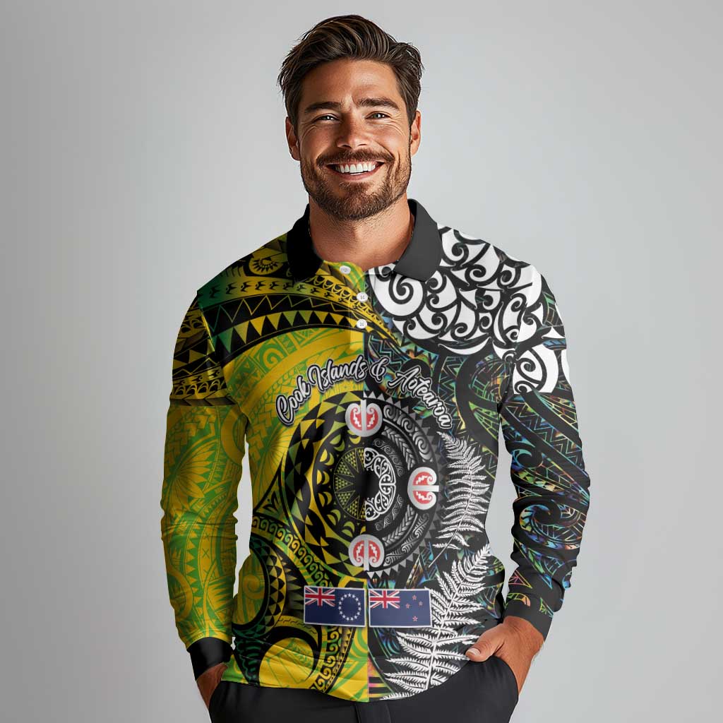 New Zealand and Cook Islands Together Long Sleeve Polo Shirt Tatau Art Tribal Pattern-Maori Tattoo with Fern and Paua Shell