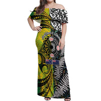 New Zealand and Cook Islands Together Off Shoulder Maxi Dress Tatau Art Tribal Pattern-Maori Tattoo with Fern and Paua Shell LT03 Women Art - Polynesian Pride