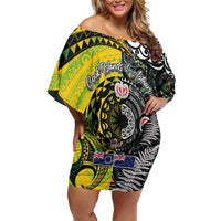 New Zealand and Cook Islands Together Off Shoulder Short Dress Tatau Art Tribal Pattern-Maori Tattoo with Fern and Paua Shell LT03 Women Art - Polynesian Pride