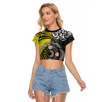 New Zealand and Cook Islands Together Raglan Cropped T Shirt Tatau Art Tribal Pattern-Maori Tattoo with Fern and Paua Shell LT03 Female Art - Polynesian Pride