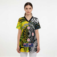 New Zealand and Cook Islands Together Scrub Top Tatau Art Tribal Pattern-Maori Tattoo with Fern and Paua Shell - Polynesian Pride