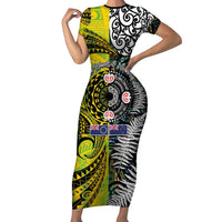 New Zealand and Cook Islands Together Short Sleeve Bodycon Dress Tatau Art Tribal Pattern-Maori Tattoo with Fern and Paua Shell LT03 Long Dress Art - Polynesian Pride