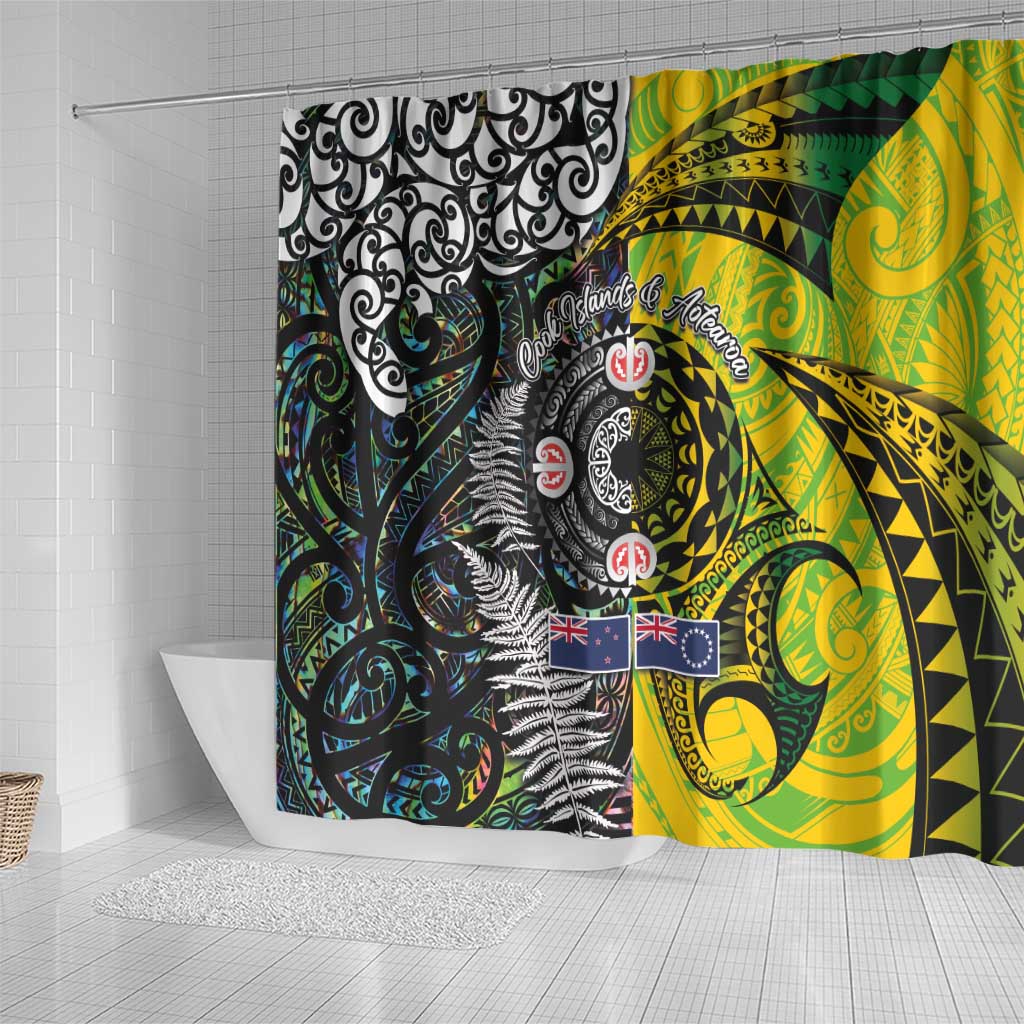 New Zealand and Cook Islands Together Shower Curtain Tatau Art Tribal Pattern-Maori Tattoo with Fern and Paua Shell LT03 - Polynesian Pride