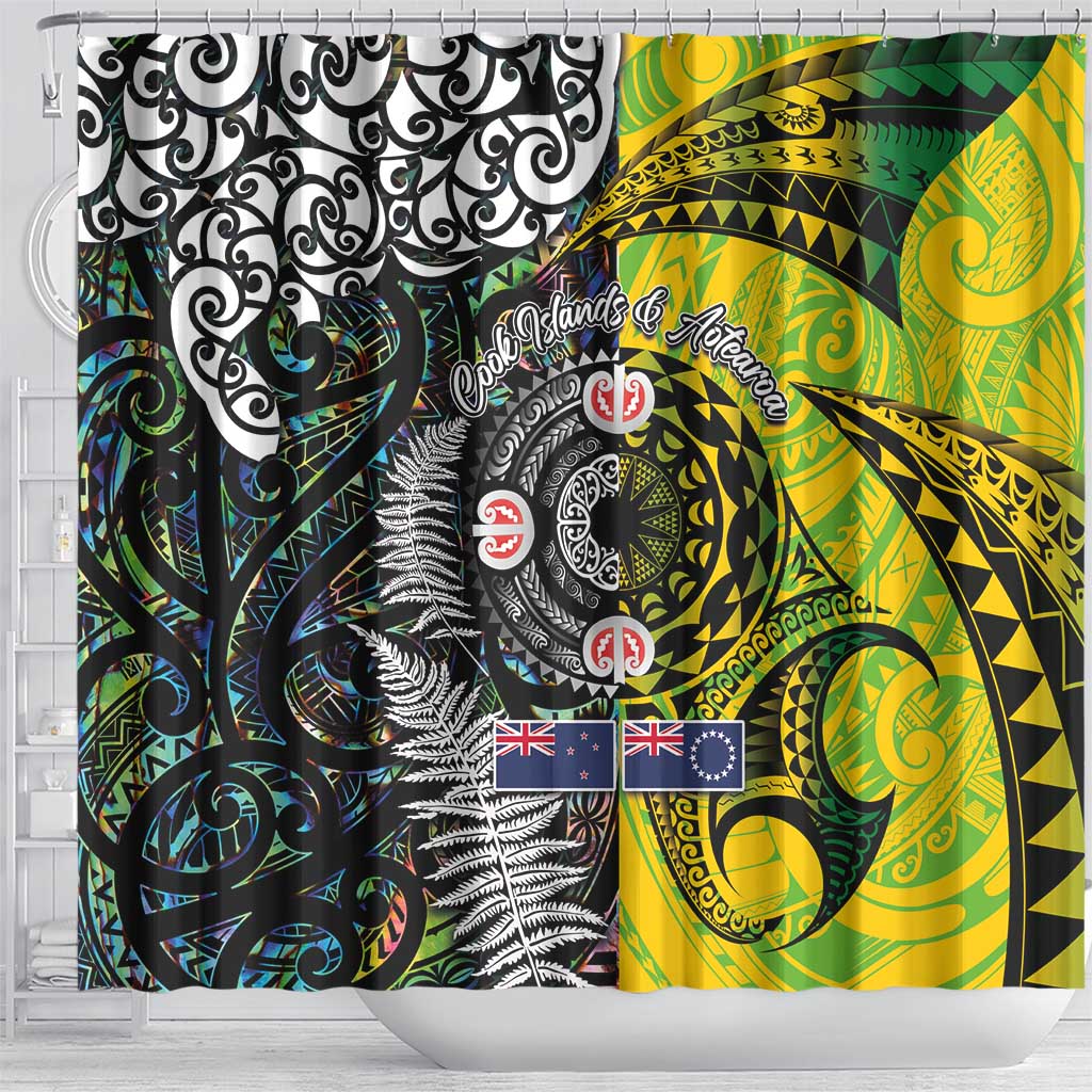 New Zealand and Cook Islands Together Shower Curtain Tatau Art Tribal Pattern-Maori Tattoo with Fern and Paua Shell LT03 - Polynesian Pride