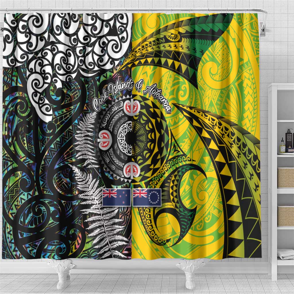 New Zealand and Cook Islands Together Shower Curtain Tatau Art Tribal Pattern-Maori Tattoo with Fern and Paua Shell LT03 - Polynesian Pride