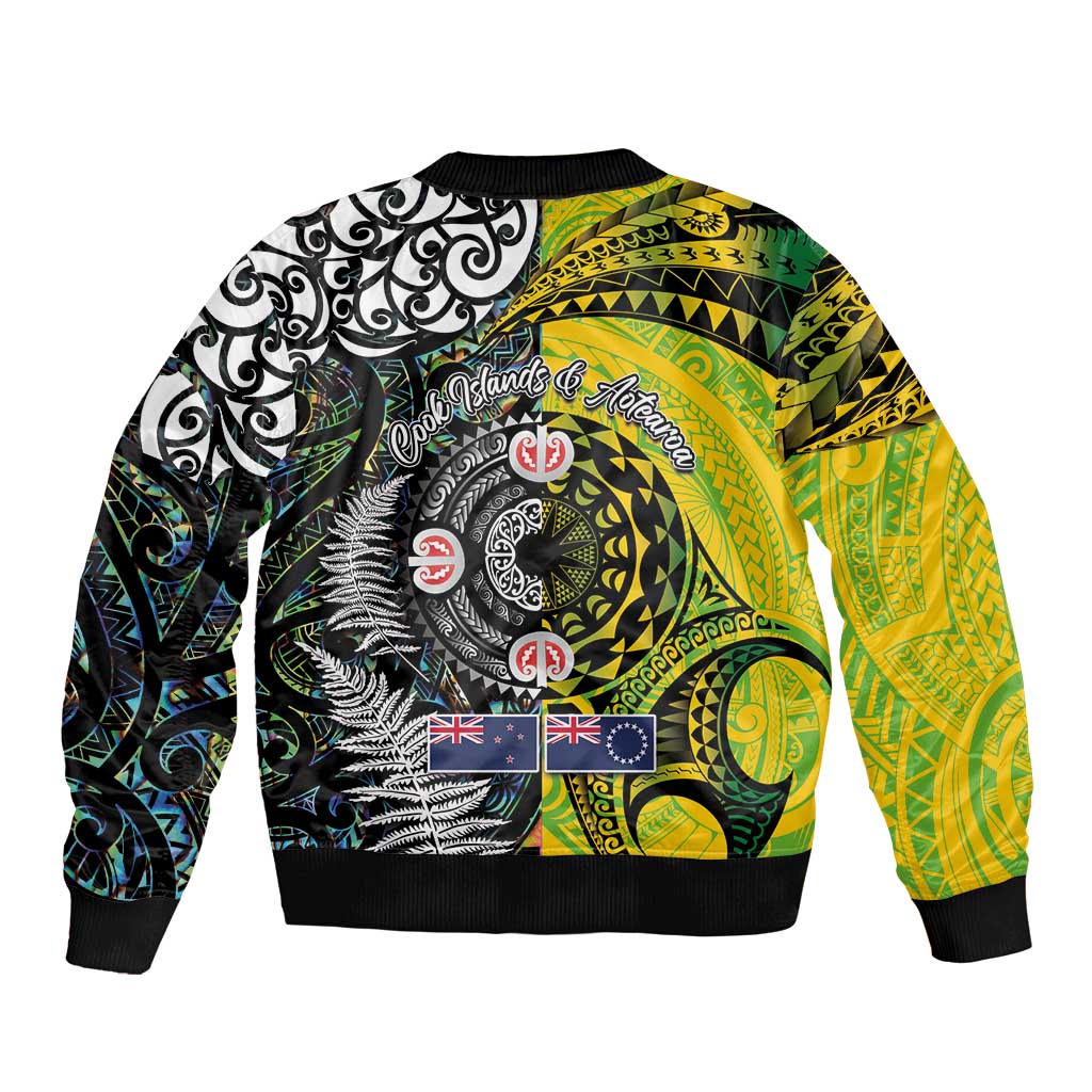 New Zealand and Cook Islands Together Sleeve Zip Bomber Jacket Tatau Art Tribal Pattern-Maori Tattoo with Fern and Paua Shell LT03 - Polynesian Pride