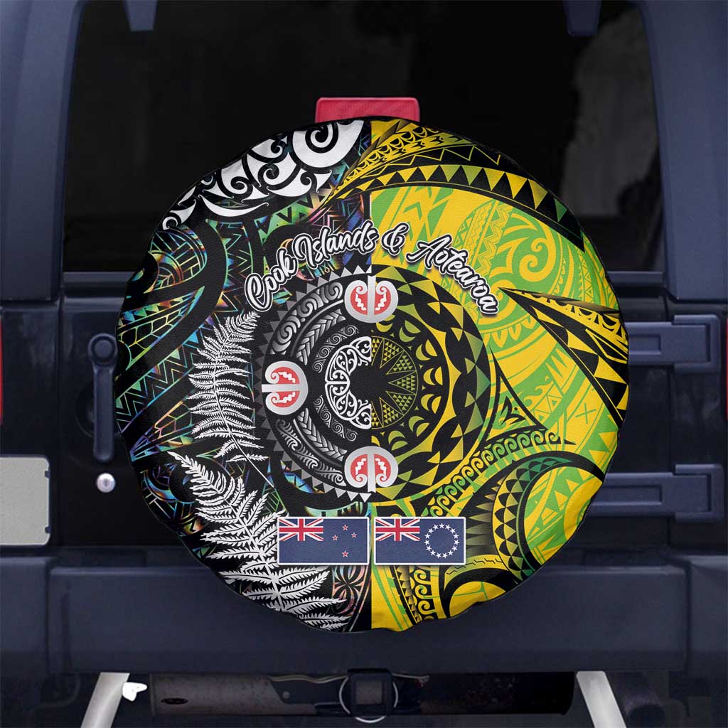 New Zealand and Cook Islands Together Spare Tire Cover Tatau Art Tribal Pattern-Maori Tattoo with Fern and Paua Shell LT03 No hole Art - Polynesian Pride