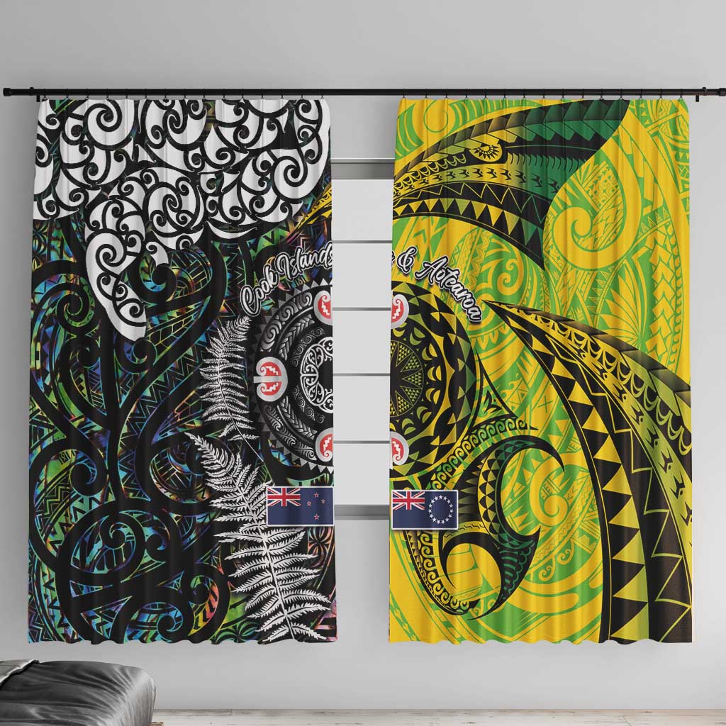 New Zealand and Cook Islands Together Window Curtain Tatau Art Tribal Pattern-Maori Tattoo with Fern and Paua Shell LT03 With Hooks Art - Polynesian Pride