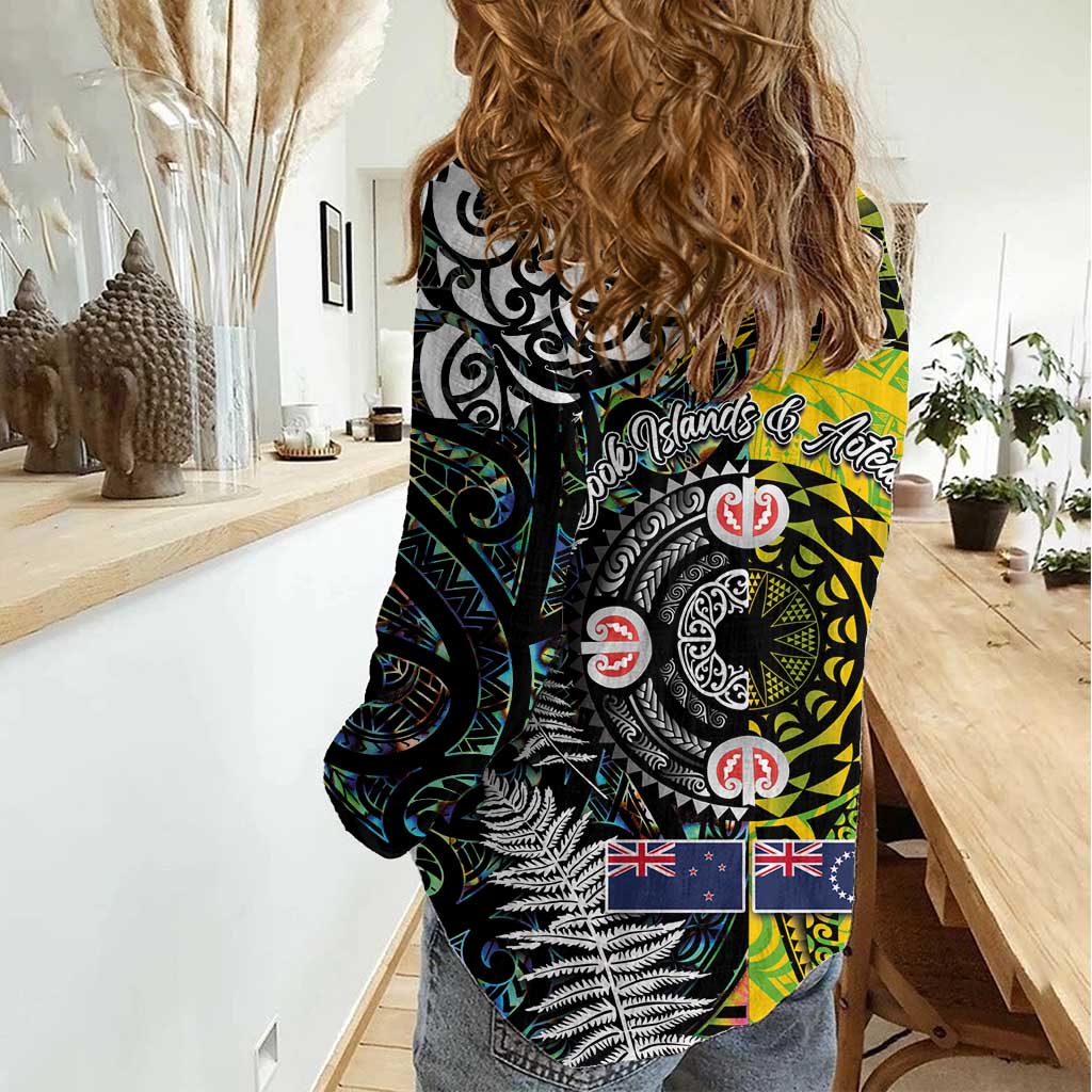 New Zealand and Cook Islands Together Women Casual Shirt Tatau Art Tribal Pattern-Maori Tattoo with Fern and Paua Shell LT03 - Polynesian Pride