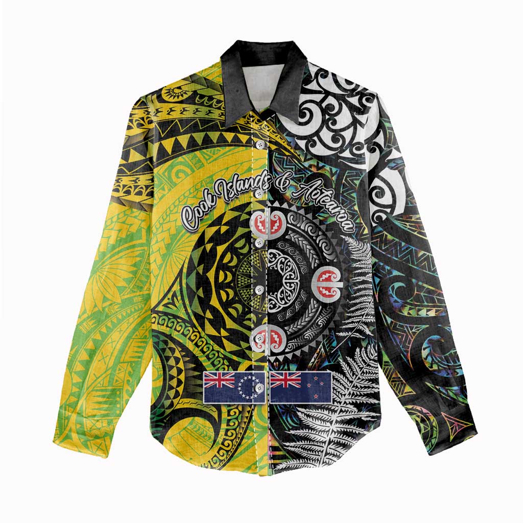 New Zealand and Cook Islands Together Women Casual Shirt Tatau Art Tribal Pattern-Maori Tattoo with Fern and Paua Shell LT03 - Polynesian Pride