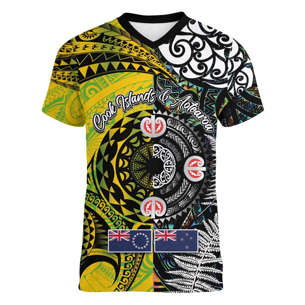 New Zealand and Cook Islands Together Women V-Neck T-Shirt Tatau Art Tribal Pattern-Maori Tattoo with Fern and Paua Shell LT03 Female Art - Polynesian Pride
