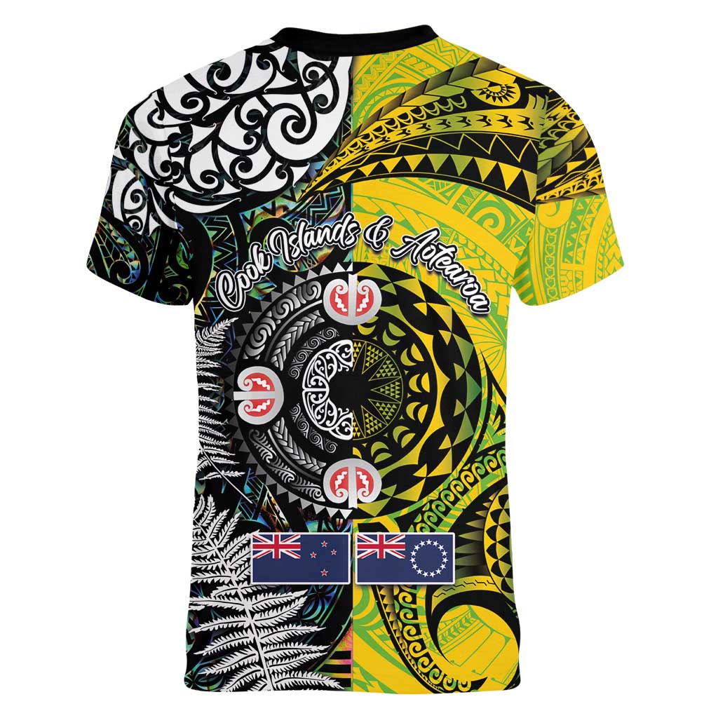 New Zealand and Cook Islands Together Women V-Neck T-Shirt Tatau Art Tribal Pattern-Maori Tattoo with Fern and Paua Shell LT03 - Polynesian Pride