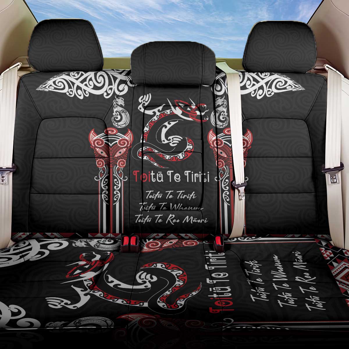 Aotearoa Toitu Te Tiriti-Maori Taniwha Back Car Seat Cover Toitu Te Whenua Toitu Te Reo Maori LT03 One Size Black - Polynesian Pride