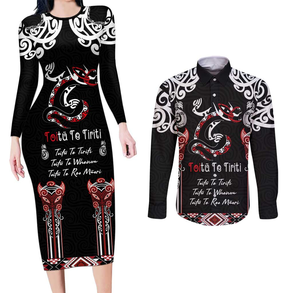 Aotearoa Toitu Te Tiriti-Maori Taniwha Couples Matching Long Sleeve Bodycon Dress and Long Sleeve Button Shirt Toitu Te Whenua Toitu Te Reo Maori LT03 Black - Polynesian Pride