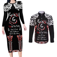 Aotearoa Toitu Te Tiriti-Maori Taniwha Couples Matching Long Sleeve Bodycon Dress and Long Sleeve Button Shirt Toitu Te Whenua Toitu Te Reo Maori LT03 Black - Polynesian Pride