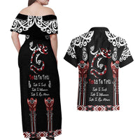 Aotearoa Toitu Te Tiriti-Maori Taniwha Couples Matching Off Shoulder Maxi Dress and Hawaiian Shirt Toitu Te Whenua Toitu Te Reo Maori LT03 - Polynesian Pride