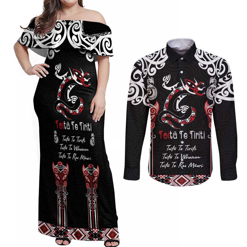 Aotearoa Toitu Te Tiriti-Maori Taniwha Couples Matching Off Shoulder Maxi Dress and Long Sleeve Button Shirt Toitu Te Whenua Toitu Te Reo Maori