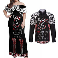 Aotearoa Toitu Te Tiriti-Maori Taniwha Couples Matching Off Shoulder Maxi Dress and Long Sleeve Button Shirt Toitu Te Whenua Toitu Te Reo Maori LT03 Black - Polynesian Pride