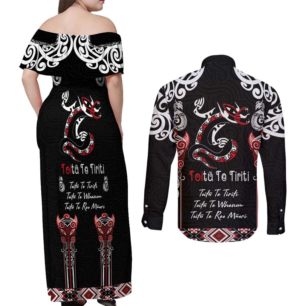 Aotearoa Toitu Te Tiriti-Maori Taniwha Couples Matching Off Shoulder Maxi Dress and Long Sleeve Button Shirt Toitu Te Whenua Toitu Te Reo Maori LT03 - Polynesian Pride