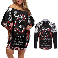 Aotearoa Toitu Te Tiriti-Maori Taniwha Couples Matching Off Shoulder Short Dress and Long Sleeve Button Shirt Toitu Te Whenua Toitu Te Reo Maori LT03 Black - Polynesian Pride