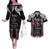 Aotearoa Toitu Te Tiriti-Maori Taniwha Couples Matching Off The Shoulder Long Sleeve Dress and Hawaiian Shirt Toitu Te Whenua Toitu Te Reo Maori LT03 Black - Polynesian Pride
