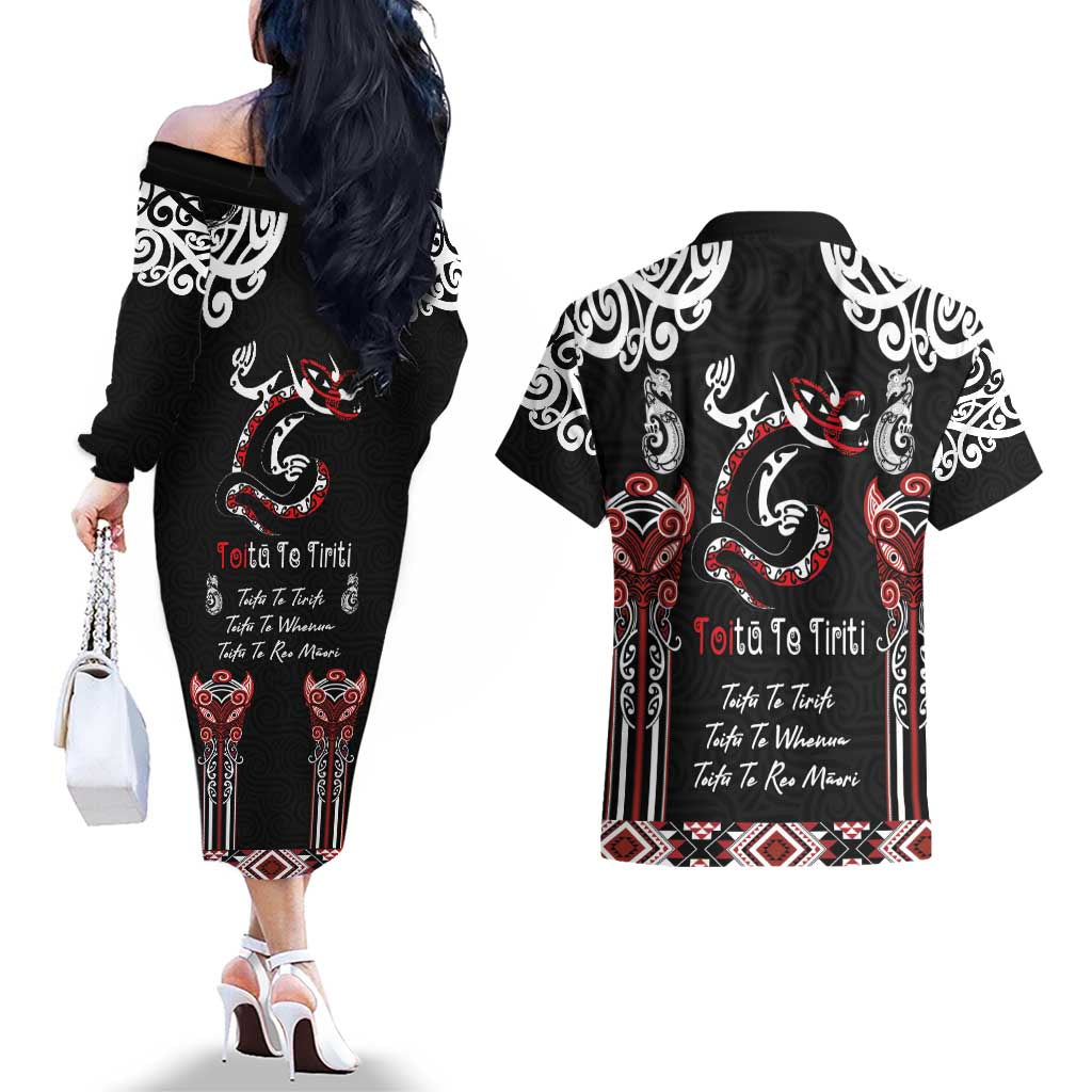 Aotearoa Toitu Te Tiriti-Maori Taniwha Couples Matching Off The Shoulder Long Sleeve Dress and Hawaiian Shirt Toitu Te Whenua Toitu Te Reo Maori LT03 - Polynesian Pride