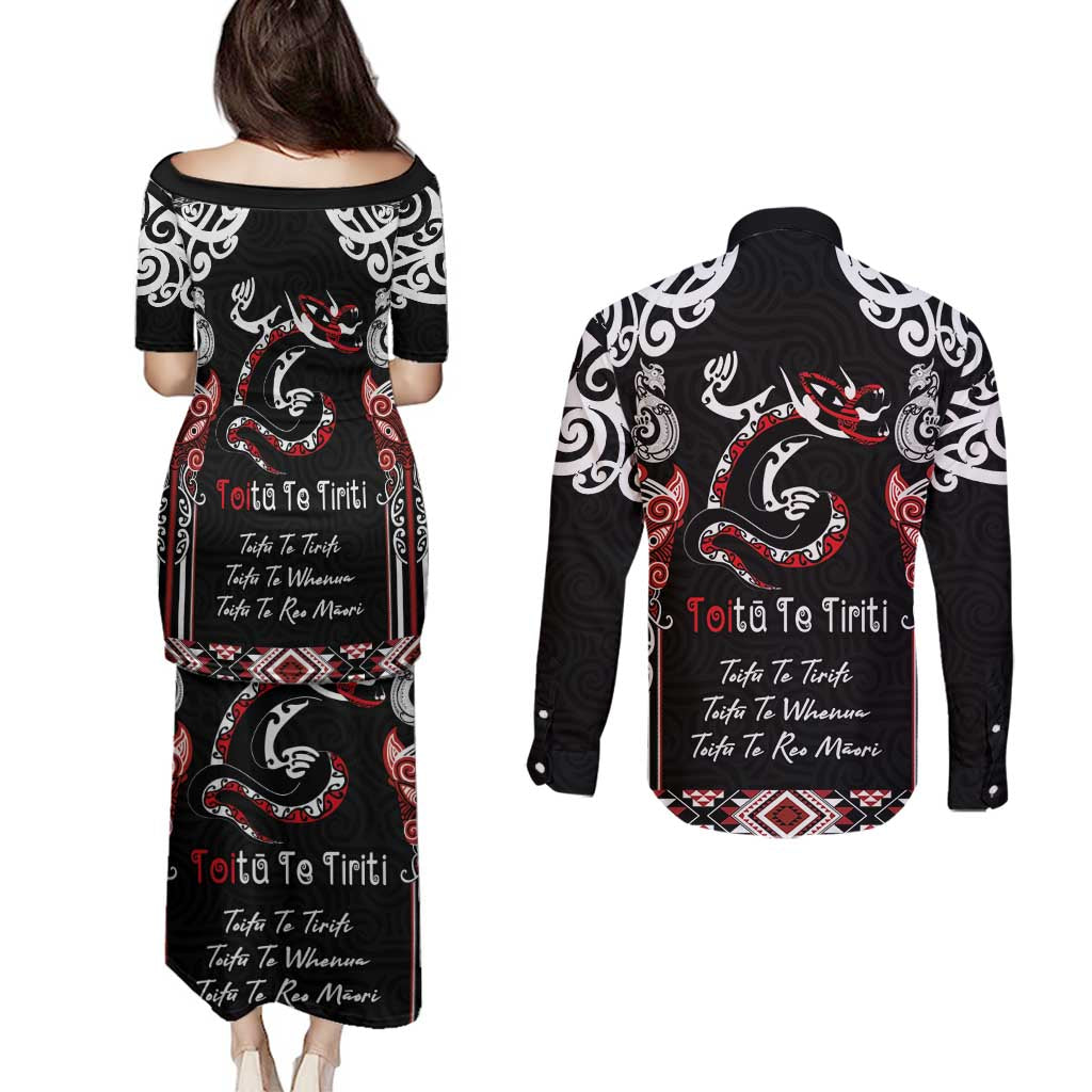 Aotearoa Toitu Te Tiriti-Maori Taniwha Couples Matching Puletasi and Long Sleeve Button Shirt Toitu Te Whenua Toitu Te Reo Maori LT03 - Polynesian Pride
