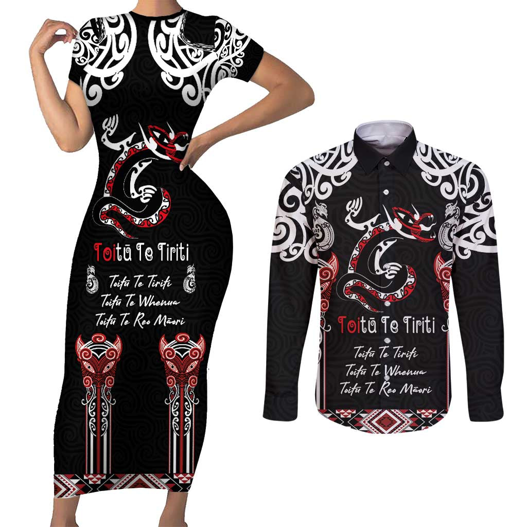 Aotearoa Toitu Te Tiriti-Maori Taniwha Couples Matching Short Sleeve Bodycon Dress and Long Sleeve Button Shirt Toitu Te Whenua Toitu Te Reo Maori