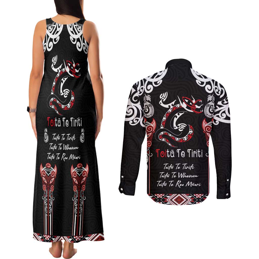 Aotearoa Toitu Te Tiriti-Maori Taniwha Couples Matching Tank Maxi Dress and Long Sleeve Button Shirt Toitu Te Whenua Toitu Te Reo Maori LT03 - Polynesian Pride