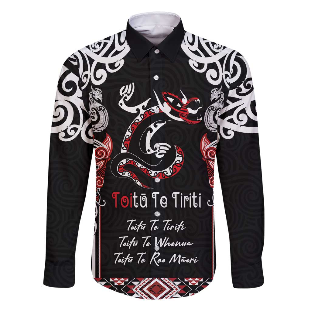 Aotearoa Toitu Te Tiriti-Maori Taniwha Family Matching Long Sleeve Bodycon Dress and Hawaiian Shirt Toitu Te Whenua Toitu Te Reo Maori LT03 Dad's Shirt - Long Sleeve Black - Polynesian Pride