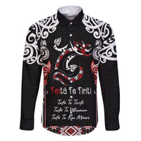 Aotearoa Toitu Te Tiriti-Maori Taniwha Family Matching Long Sleeve Bodycon Dress and Hawaiian Shirt Toitu Te Whenua Toitu Te Reo Maori LT03 Dad's Shirt - Long Sleeve Black - Polynesian Pride