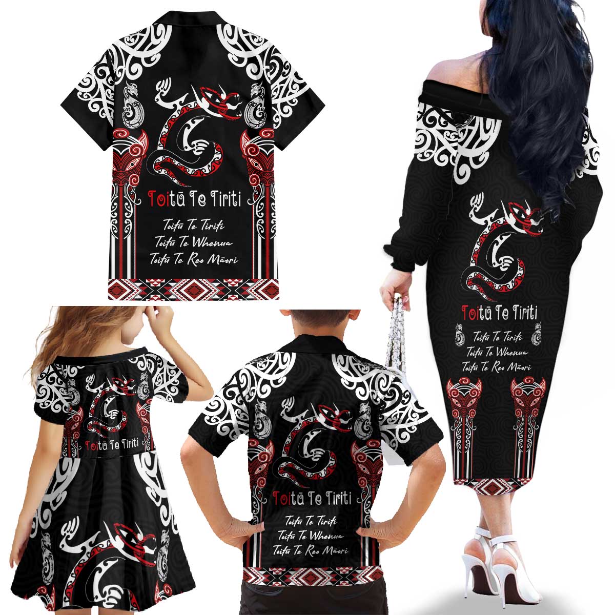 Aotearoa Toitu Te Tiriti-Maori Taniwha Family Matching Off The Shoulder Long Sleeve Dress and Hawaiian Shirt Toitu Te Whenua Toitu Te Reo Maori LT03 - Polynesian Pride