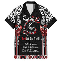 Aotearoa Toitu Te Tiriti-Maori Taniwha Family Matching Off The Shoulder Long Sleeve Dress and Hawaiian Shirt Toitu Te Whenua Toitu Te Reo Maori LT03 Dad's Shirt - Short Sleeve Black - Polynesian Pride