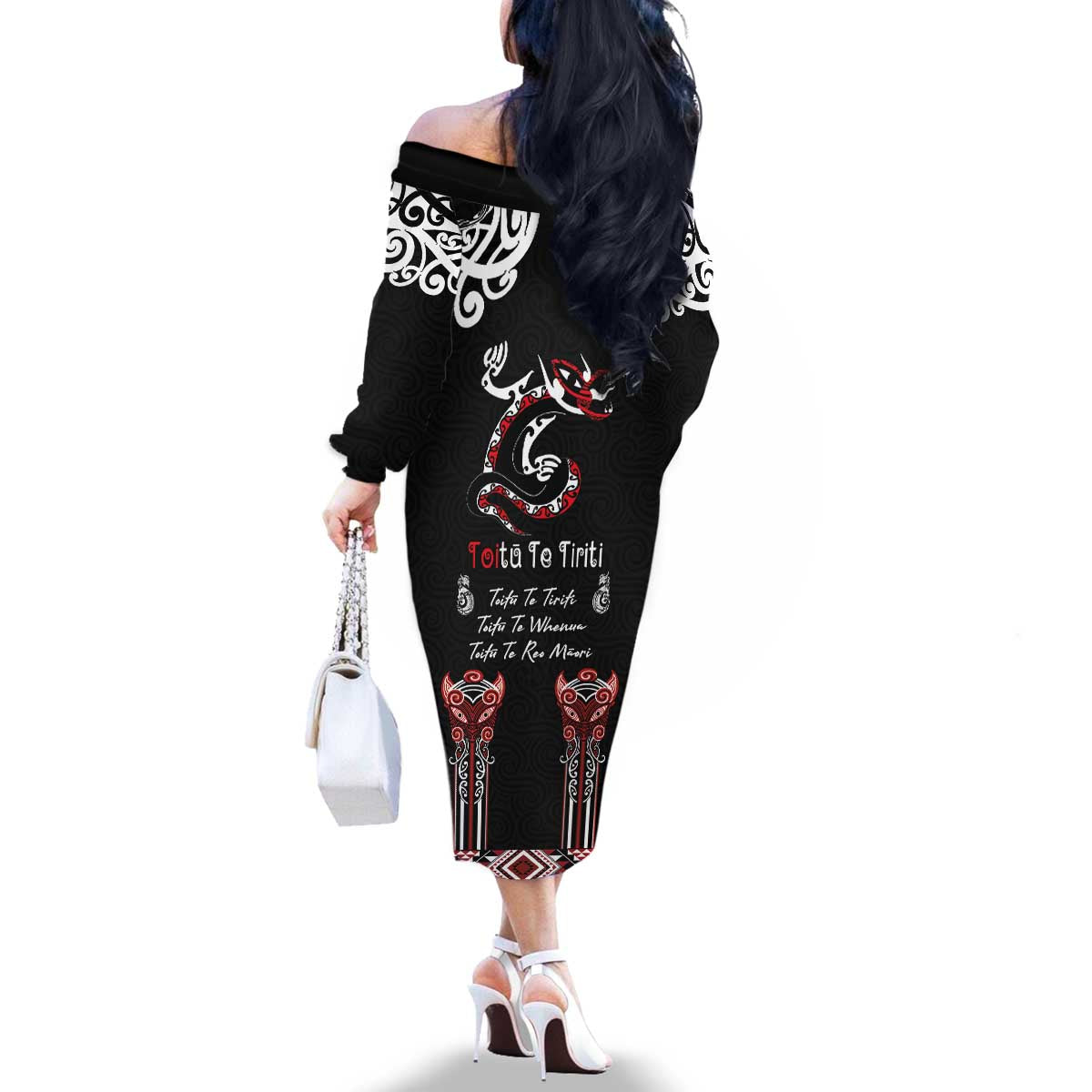 Aotearoa Toitu Te Tiriti-Maori Taniwha Family Matching Off The Shoulder Long Sleeve Dress and Hawaiian Shirt Toitu Te Whenua Toitu Te Reo Maori LT03 - Polynesian Pride