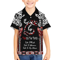Aotearoa Toitu Te Tiriti-Maori Taniwha Family Matching Off The Shoulder Long Sleeve Dress and Hawaiian Shirt Toitu Te Whenua Toitu Te Reo Maori LT03 Son's Shirt Black - Polynesian Pride