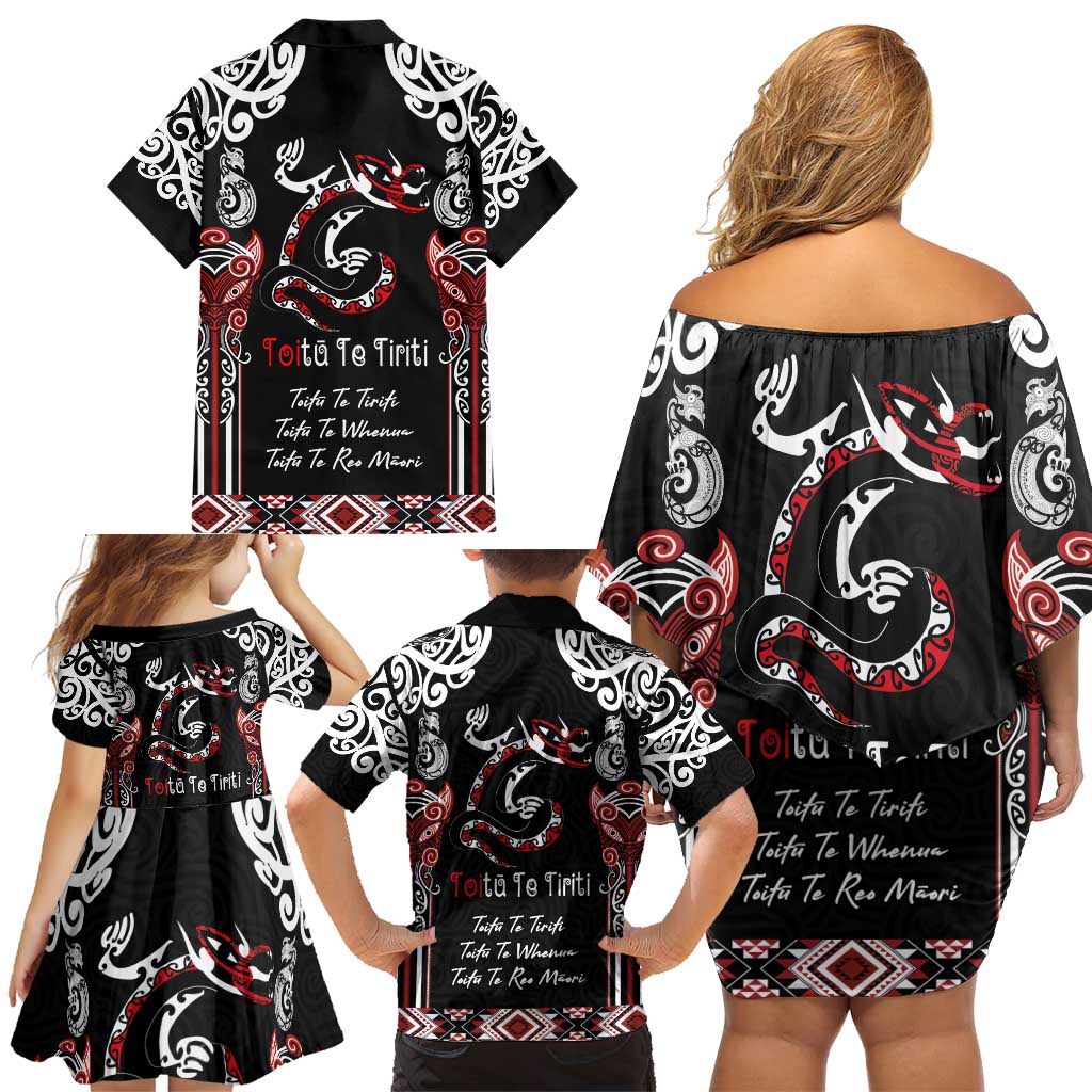 Aotearoa Toitu Te Tiriti-Maori Taniwha Family Matching Off Shoulder Short Dress and Hawaiian Shirt Toitu Te Whenua Toitu Te Reo Maori LT03 - Polynesian Pride
