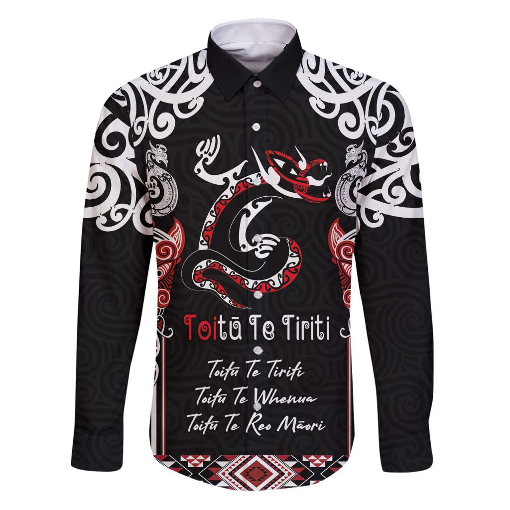 Aotearoa Toitu Te Tiriti-Maori Taniwha Family Matching Puletasi and Hawaiian Shirt Toitu Te Whenua Toitu Te Reo Maori LT03 Dad's Shirt - Long Sleeve Black - Polynesian Pride