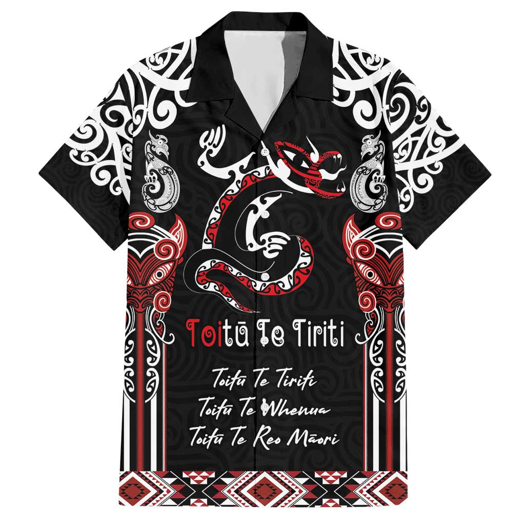Aotearoa Toitu Te Tiriti-Maori Taniwha Hawaiian Shirt Toitu Te Whenua Toitu Te Reo Maori LT03 Black - Polynesian Pride