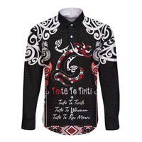 Aotearoa Toitu Te Tiriti-Maori Taniwha Long Sleeve Button Shirt Toitu Te Whenua Toitu Te Reo Maori LT03 Unisex Black - Polynesian Pride