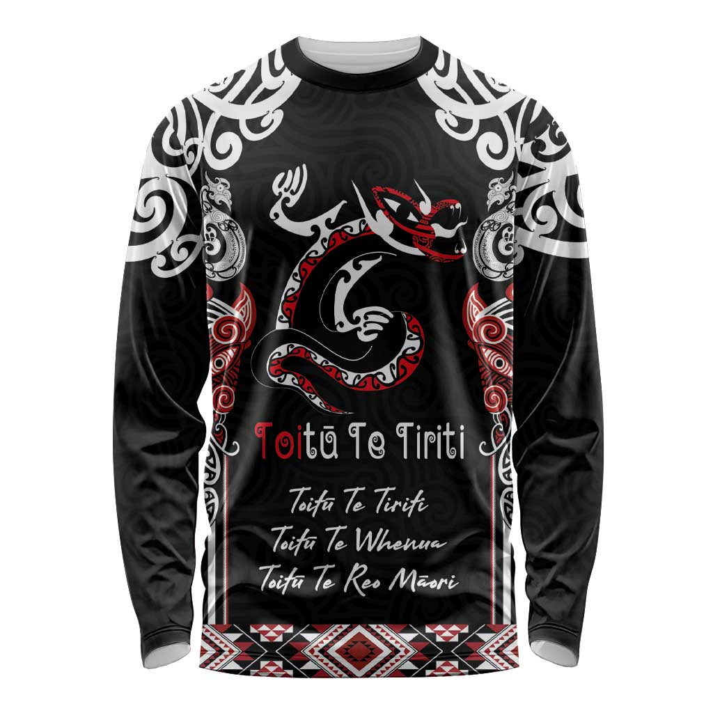Aotearoa Toitu Te Tiriti-Maori Taniwha Long Sleeve Shirt Toitu Te Whenua Toitu Te Reo Maori LT03 Unisex Black - Polynesian Pride