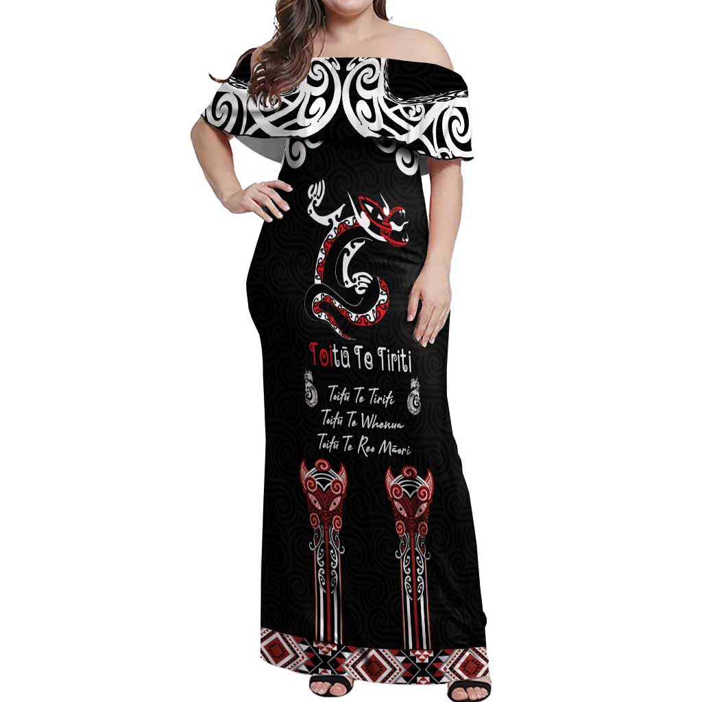 Aotearoa Toitu Te Tiriti-Maori Taniwha Off Shoulder Maxi Dress Toitu Te Whenua Toitu Te Reo Maori