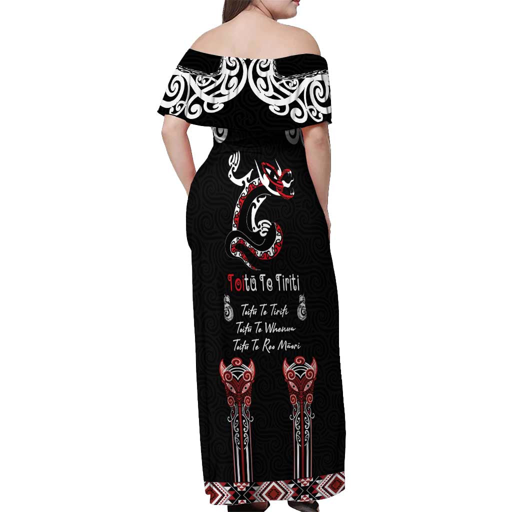 Aotearoa Toitu Te Tiriti-Maori Taniwha Off Shoulder Maxi Dress Toitu Te Whenua Toitu Te Reo Maori LT03 - Polynesian Pride