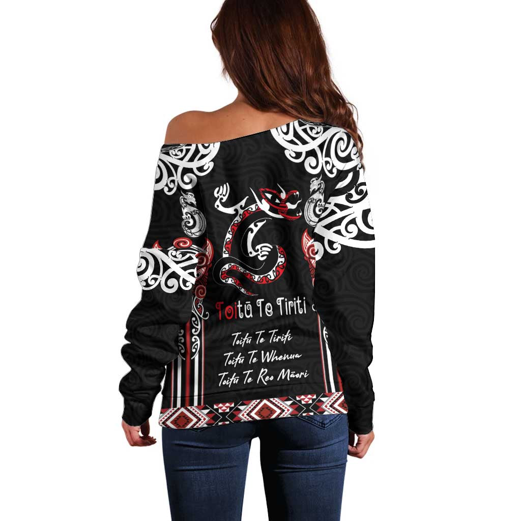 Aotearoa Toitu Te Tiriti-Maori Taniwha Off Shoulder Sweater Toitu Te Whenua Toitu Te Reo Maori LT03 - Polynesian Pride