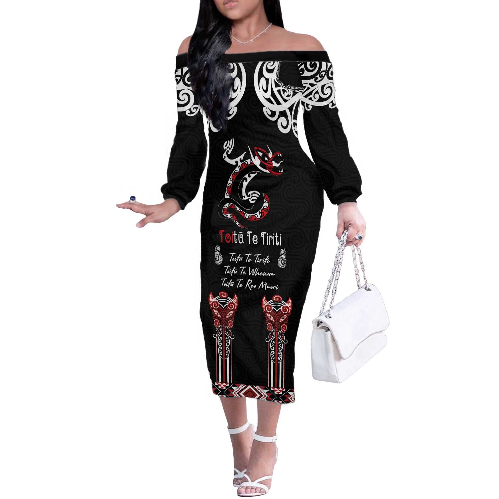 Aotearoa Toitu Te Tiriti-Maori Taniwha Off The Shoulder Long Sleeve Dress Toitu Te Whenua Toitu Te Reo Maori