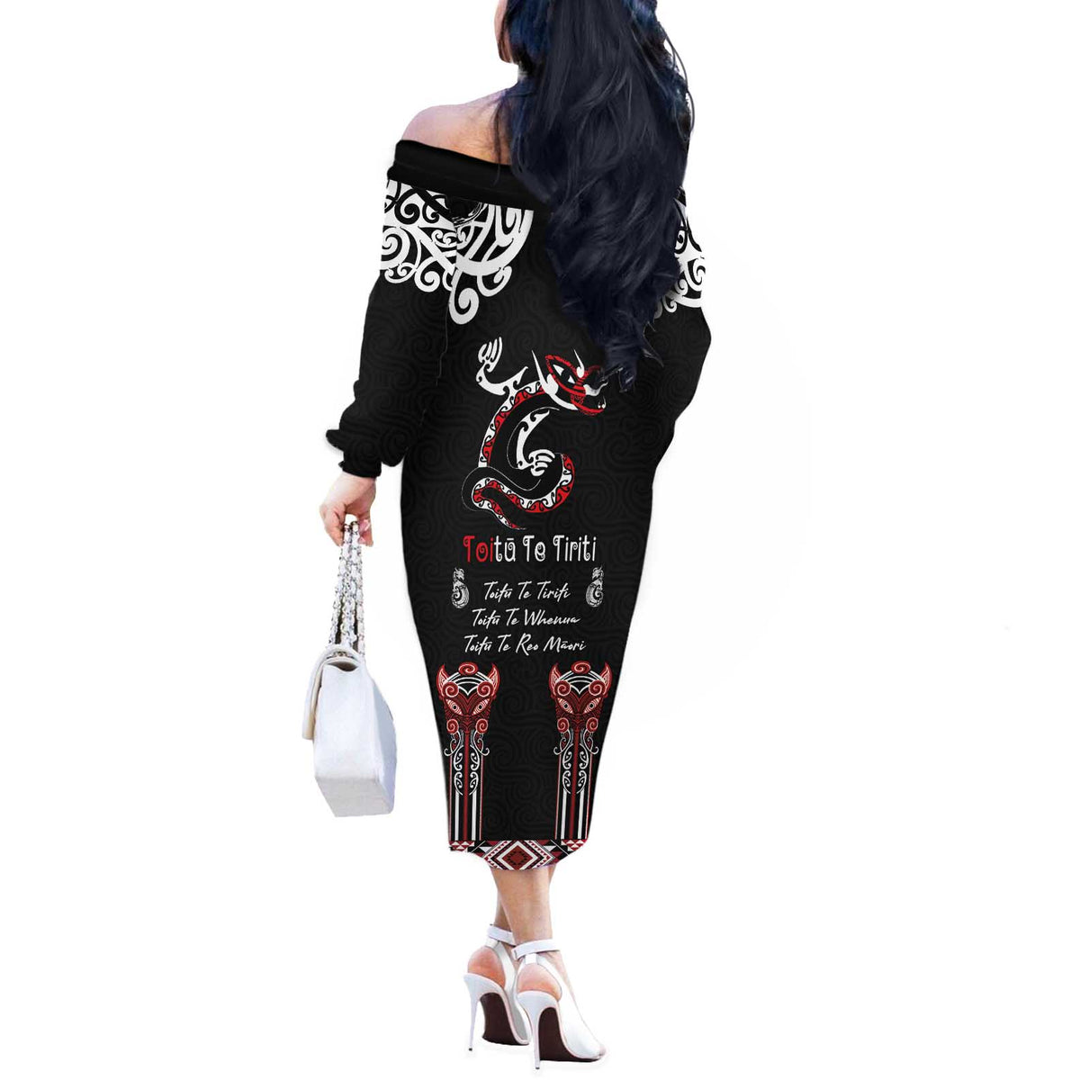 Aotearoa Toitu Te Tiriti-Maori Taniwha Off The Shoulder Long Sleeve Dress Toitu Te Whenua Toitu Te Reo Maori LT03 - Polynesian Pride